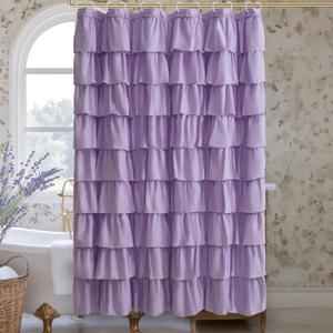 Purple Shower Curtain Featuring Ruffle Design, Lavender Bath Curtains for Boho & Victorian Style, Chic Fancy Fabric, Classy Extra Long Drapery for Elegant Bathroom Upgrade, 72 x 72 inch