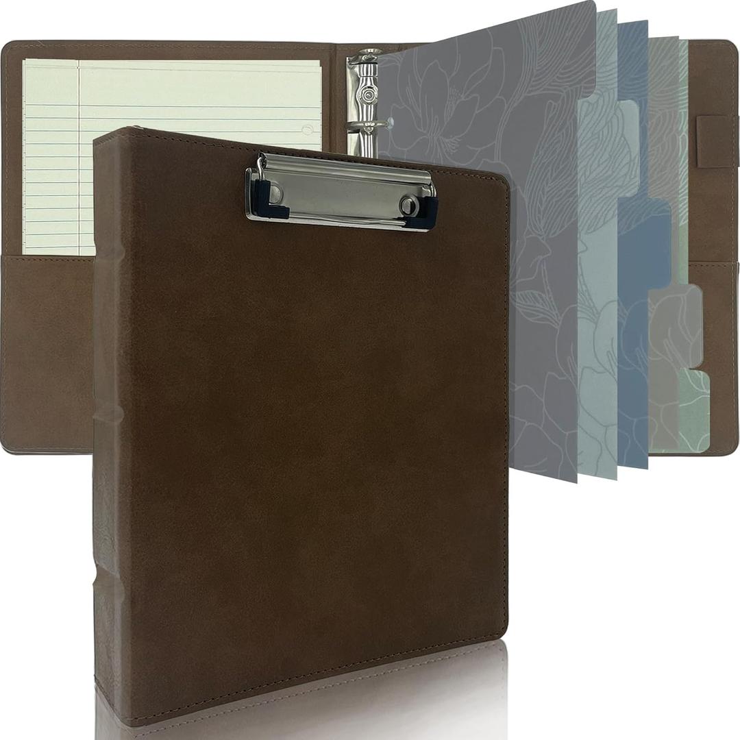 Mini 3 Ring Binder with Clipboard for 5.5 x 8.5, Leather 3 Ring Binder, Vintage Hardback 1 Inch, Professional Planner Organizer