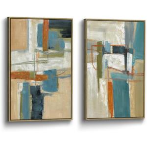 Abstract Geometric Framed Wall Art: 2 Piece Minimalist Canvas Shape Pattern Picture Contemporary Print Vertical Aesthetic Modern Artwork Decor for Living Room Bedroom (36L" x 24W")