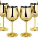 Lifecapido Stainless Steel Wine Glasses Set of 6, 18oz Stainless Steel Wine Goblets, Stemmed Metal Wine Glasses with Cup Brush for Party Office Wedding Anniversary, Great for Red White Wine (Gold)