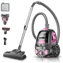 PKUYIE Canister Vacuum Cleaner, 40Kpa 1600W Cyclon Power Bagless Canister Vacuum Cleaners for Home, 3.7QT Large Dust Cup, Lightweight Vac for Hard Floors, Carpets, Pet Hair, Pink