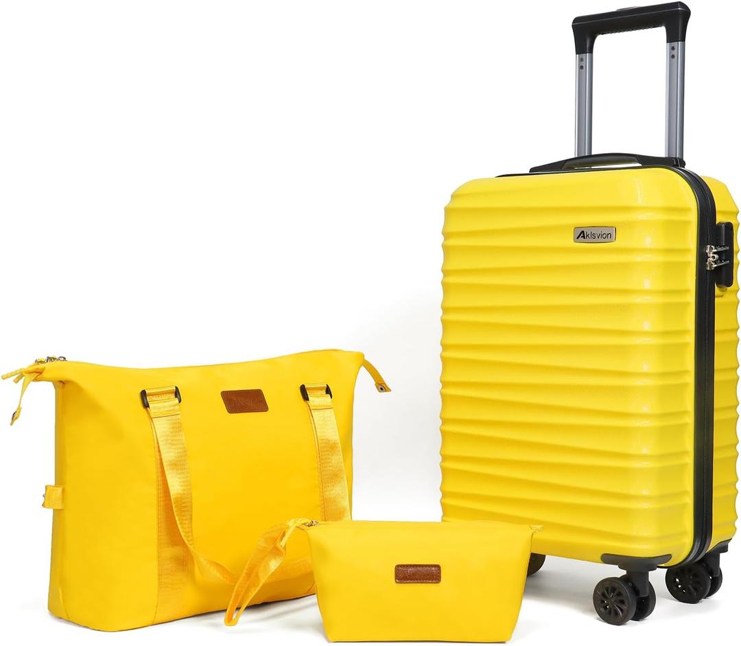 Luggage Set 3 Piece Luggage Set ABS hardshell Spinner Wheels Luggage Carry on Suitcase with Weekender bag & Toiletry bag(Yellow) (20)