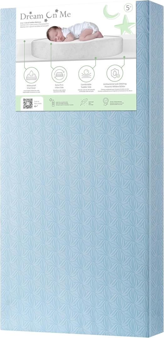 Dream On Me Little Lullaby 2-in-1 Crib Mattress, Dual-Sided for Infants & Toddlers, Waterproof Cover, GREENGUARD Gold Certified, Fits Full Size Crib & Toddler Bed, 52” x 28” x 5”