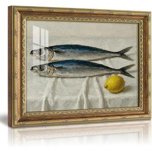 VIYYIEA 13x16 Inch Glass Gold Framed Wall Art, Vintage Sardine Fish Lemon Still Life Oil Painting, Impressionist Canvas Print, Home Decor for Kitchen, Dining Room