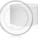 Hoolerry 12 Pack Clear Charger Plates Bulk 13 Inch Plastic Round Beaded Dinner Chargers Acrylic Frosted Grain Decorative Service Plates for Wedding Party Event, Home and Kitchen Tabletop (Transparent)