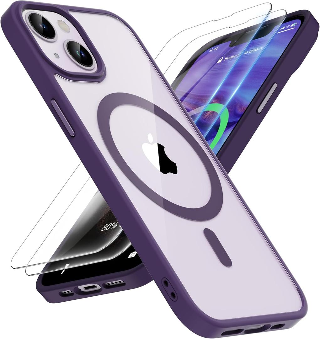 ORETECH Magnetic for iPhone 14 Case, [Compatible with MagSafe] [2 Pcs Screen Protectors] [15 FT Drop Protection] Transparent Back Shockproof Bumper Protective Phone Cover - Deep Purple