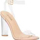 JustFab Women's Clear Chunky High Heels Sandals with Open Toe Ankle Strap Block Heels for Women Clear Shoes Dressy Perfect for Party and Dress Pumps - Hanna Size 8.5