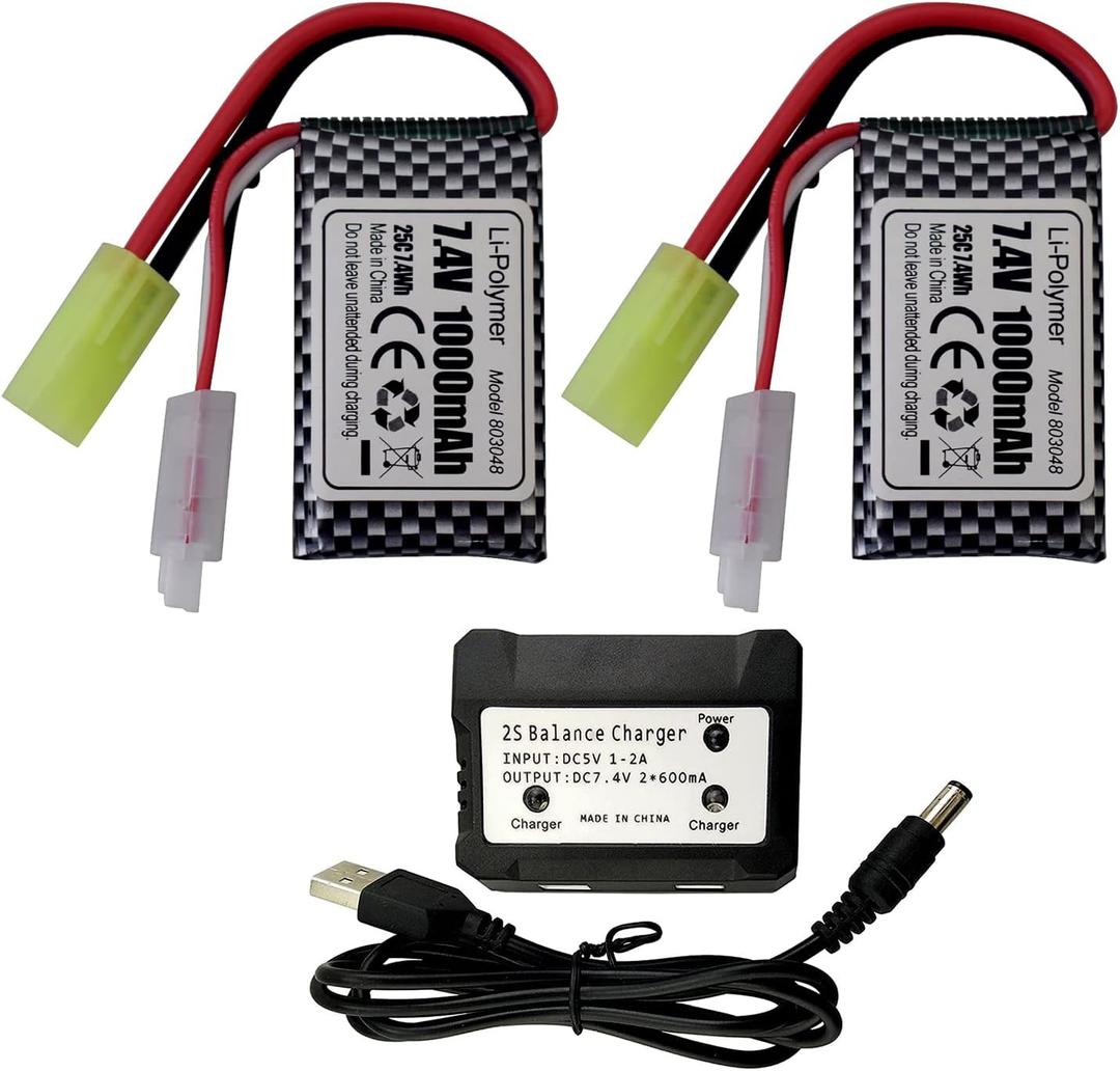 Accessory 2PCS 7.4V 1000mAh Odamiya Plug Lithium Battery with 2-in-1 Charger for 300E 302E 9300 9310 9201E 9305E 9304E 9303E 9302E 9301 RC Car, RC Boat, RC Drone