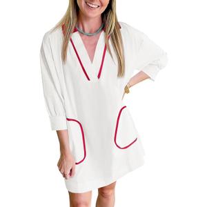 Saodimallsu Womens V Neck Swimsuit Coverup 3/4 Sleeve Collar Color Block Oversized Cover ups Mini Beach Dress with Pockets (Medium, White) Saodimallsu Womens V Neck Swimsuit Coverup 3/4 Sleeve Collar Color Block Oversized Cover ups Mini Beach Dress with Pockets (Medium, White)