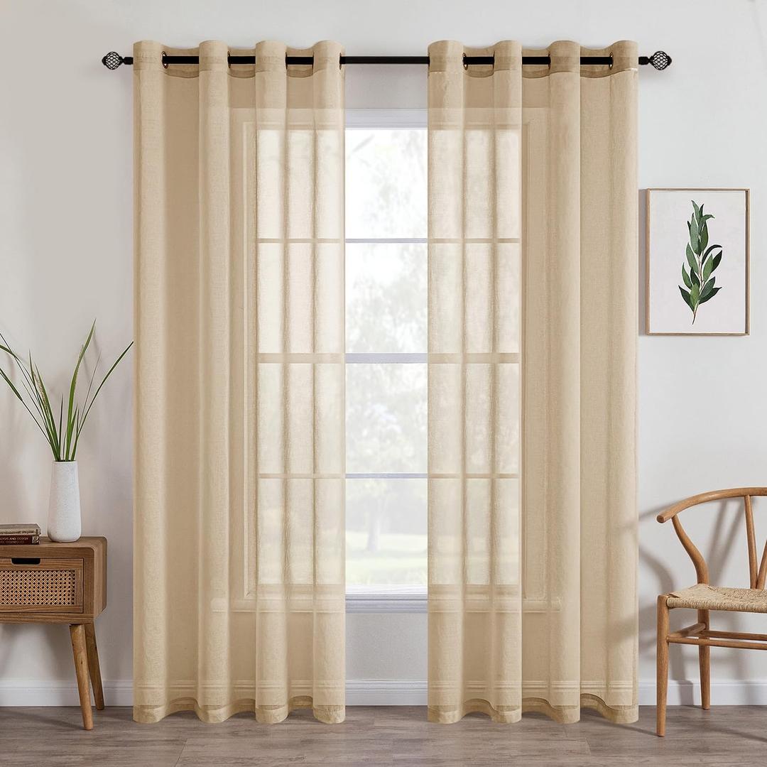 MIULEE Beige Khaki Sheer Curtains Linen Textured Panels 54X84 Inches | 2 Panels, Grommet Top, Elegant Window Treatment, Voile Drapes for Bedroom Living Room, Beige