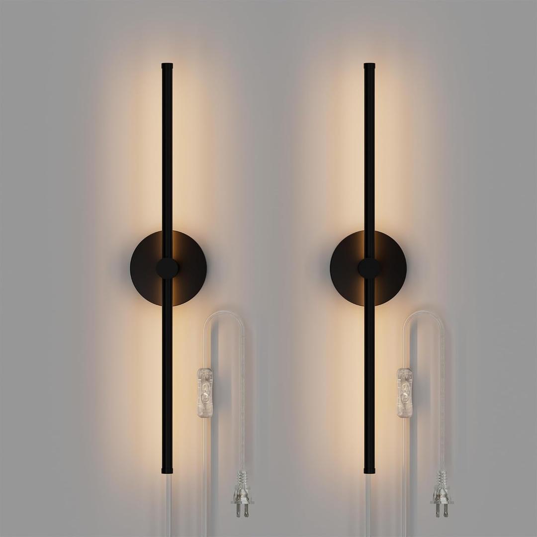 ZAGO Plug in or Hardwired Linear Wall Sconce: 24 Inch LED Indoor Modern Linear Wall Lights Set of Two with On/Off Switch, 5CCT Switchable, Matte Black, Dimmable for Living Room, Bedroom, Hallway