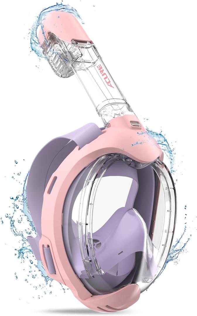 ACURE Kids Snorkel Mask Full Face - Anti-Fog & Dry Top Snorkel Set, Snorkeling Gear with Easier Breathing System for Swimming Beginners Ages 3-8 (Purple Pink)