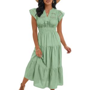 Wenrine Womens Dresses 2026 Summer V-Neck Ruffle Cap Sleeve Empire Waist Flowy Beach Midi Maxi Dress with Pockets (Green, S)