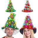 Camlinbo 2 Pcs Christmas Hats, Tinsel Tree Santa Hat with 30 Colored LED Lights, 3 Lighting Modes, Xmas Party Costume Accessories