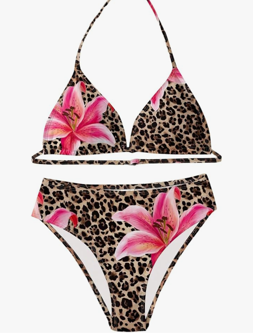 Girl's Leopard Floral Triangle Swimsuits Two Piece Halter Bikini Set Vacation Swimwear, Size 14Y