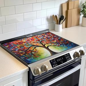Tree Of Life Electric Stove Top Cover Protector, Colorful Abstract Glass Flat Top Stove Mat, Heat-Resistant Oven Induction Cooktop Mat for Ceramic Countertop Mats Dish Drying Mat