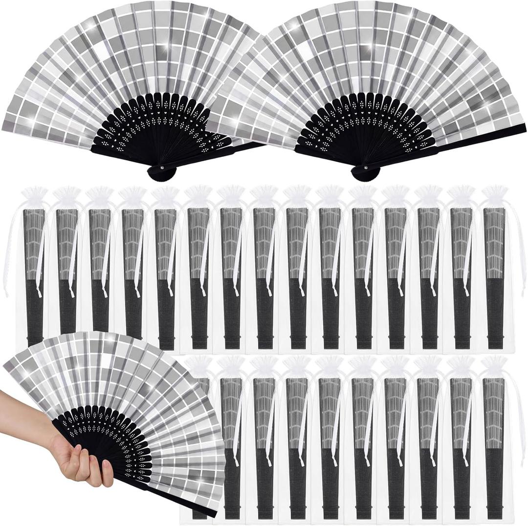 25 Pcs Disco Folding Hand Fan Bulk with Organza Bags Disco Party Favors for Guest Foldable Handheld Paper Fans for Line Dancing Wedding Bachelorette Birthday Dance Music Party Supplies Decor
