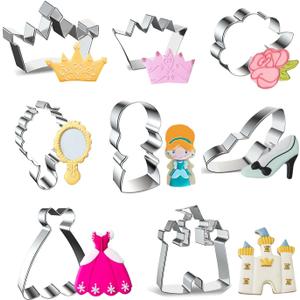 8 Pieces Princess Cookie Cutter Set, Crown, Dress, Rose, Mirror, Princess, High Heel, Castle Shapes Biscuit Molds Stainless Steel Fondant Cutters for Girls Princess Fairy Party Baking