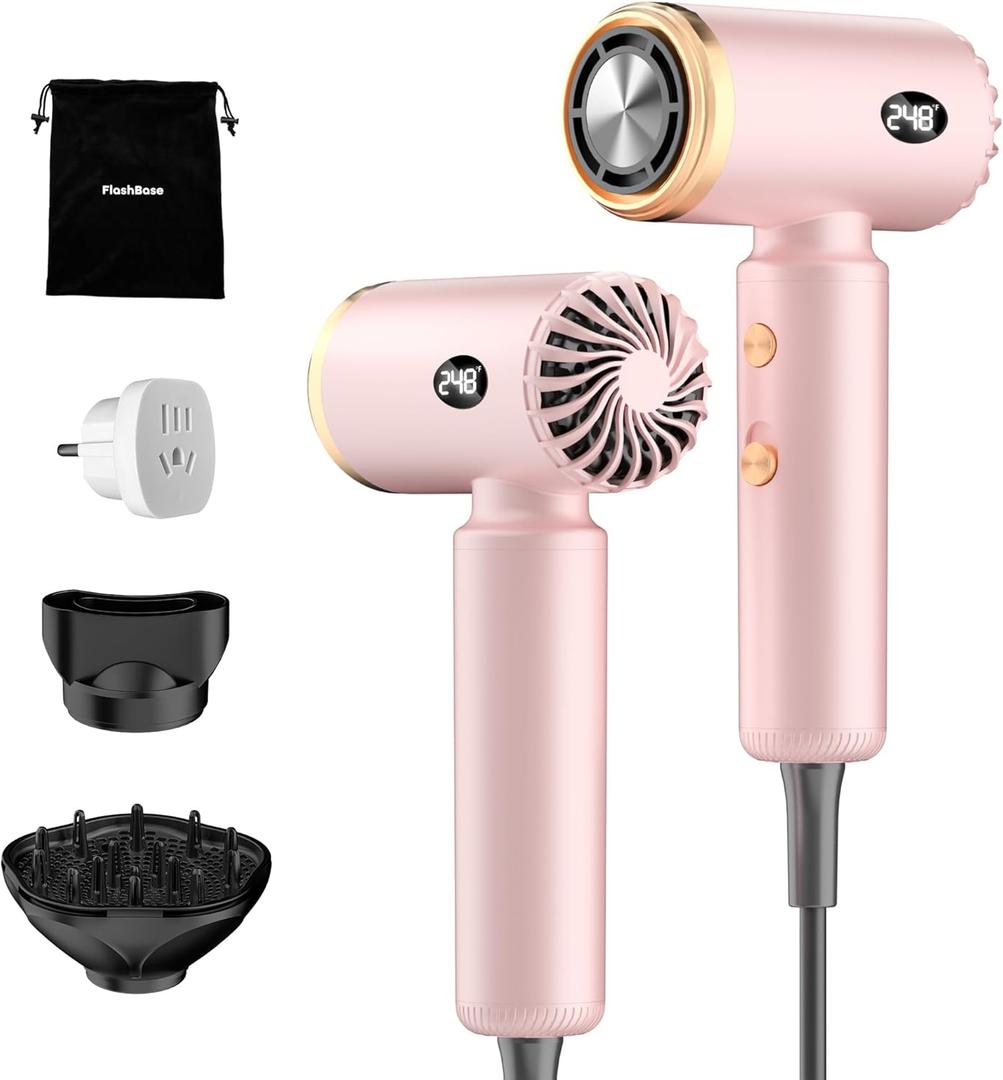 Travel Hair Dryer, Dual Voltage Mini Ionic Blow Dryer for Fast Drying, Compact Lightweight Hair Dryer with Magnetic Diffuser for Home & Travel, Portable Hairdryer International 110-240V (Pink)
