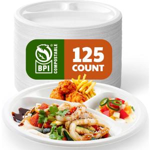 Compostable 3-Compartment Paper Plates, 125 Count, 10 Inch, Heavy Duty Disposable Divided Lunch Trays, Biodegradable Bagasse Sectional Plates for Buffet, Parties, Events & Daily Use, (White)
