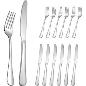 Drun Knives and Forks Set of 12, 6PCS Stainless Steel Salad Forks and 6PCS Dinner Knives Silverware Set, Mirror Polished and Dishwasher Safe (Silver 9Inches Knives + 7.3Inches Forks)