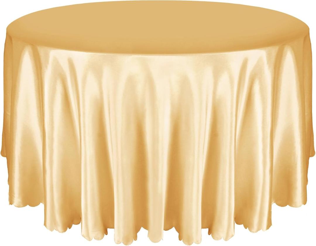 Entisn 1 Pack 90 Inch / 7.5 Ft Round Tablecloth, Light Gold Satin Table Cloth for 30-72 Inch Table, Overlay Bright Silky Satin Table Cover, Wrinkle Resistant Table Decoration for Wedding Banquet Party