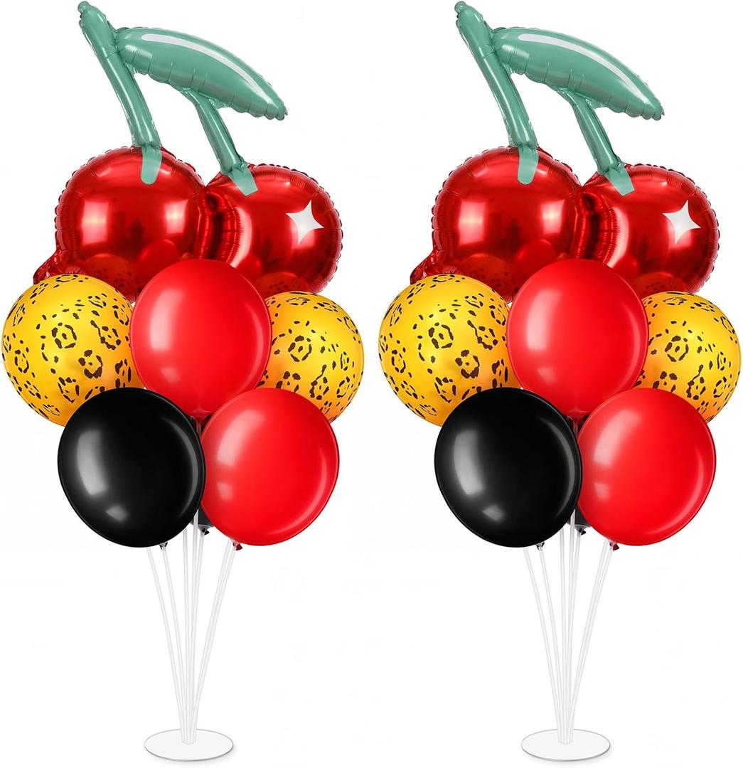 2 Sets Cherry Cheetah Birthday Party Decoration Balloons Stand Kit with 14 Cherry Foil Red Black Cheetah Leopard Print Balloons for Bachelorette Y2k Party Women Night Wedding Table