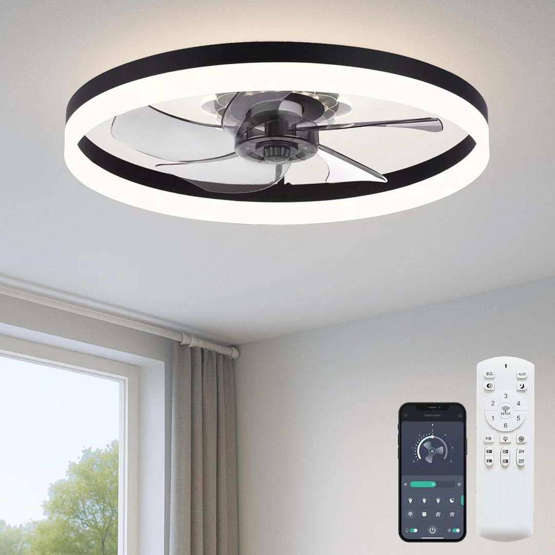 Fszdorj 20'' Ceiling Fan with Light, Upgraded Low Profile Fan, Flush Mount Ceiling Fan, 6 Speeds, Dimmable LED, App & Remote Control, Quiet DC Motor, for Bedroom, Living Room, F115 Black