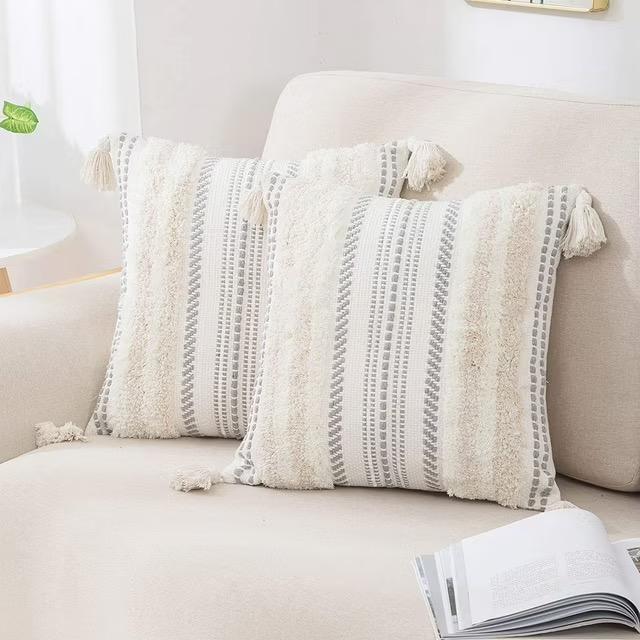 DecorUhome 2 Pack Boho Decorative Throw Pillow Covers Tufted Woven with Tassel Series Pillow Case, 18x18, Beige
