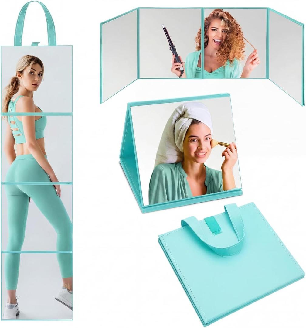 3 Way Foldable Full Length Mirror with Handle 31.89 x 11.22 Inches Leather Portable Camping Travel Hanging Folding Body Mirror for Makeup Dance Fitness Spa Hair Styling(Mint Green,Classic)