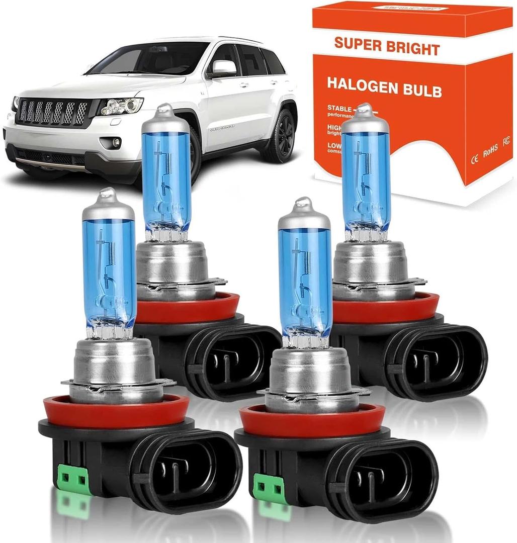 SHENKENUO Fit For Jeep Grand Cherokee (2014-2022) H11 Low Beam+ H11 Fog Light- High Performance 5000K White Halogen Headlight Bulbs Combo,Plug-n-Play,Pack of 4