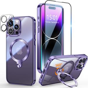 [Tri-Shield Protection] for iPhone 14 Pro Max Case with 360 Spin Stand Compatible with MagSafe [Magnetic CD Ring][Screen & Camera Lens Protector]Shockproof Plating Never-Yellowing, Purple-6.7"