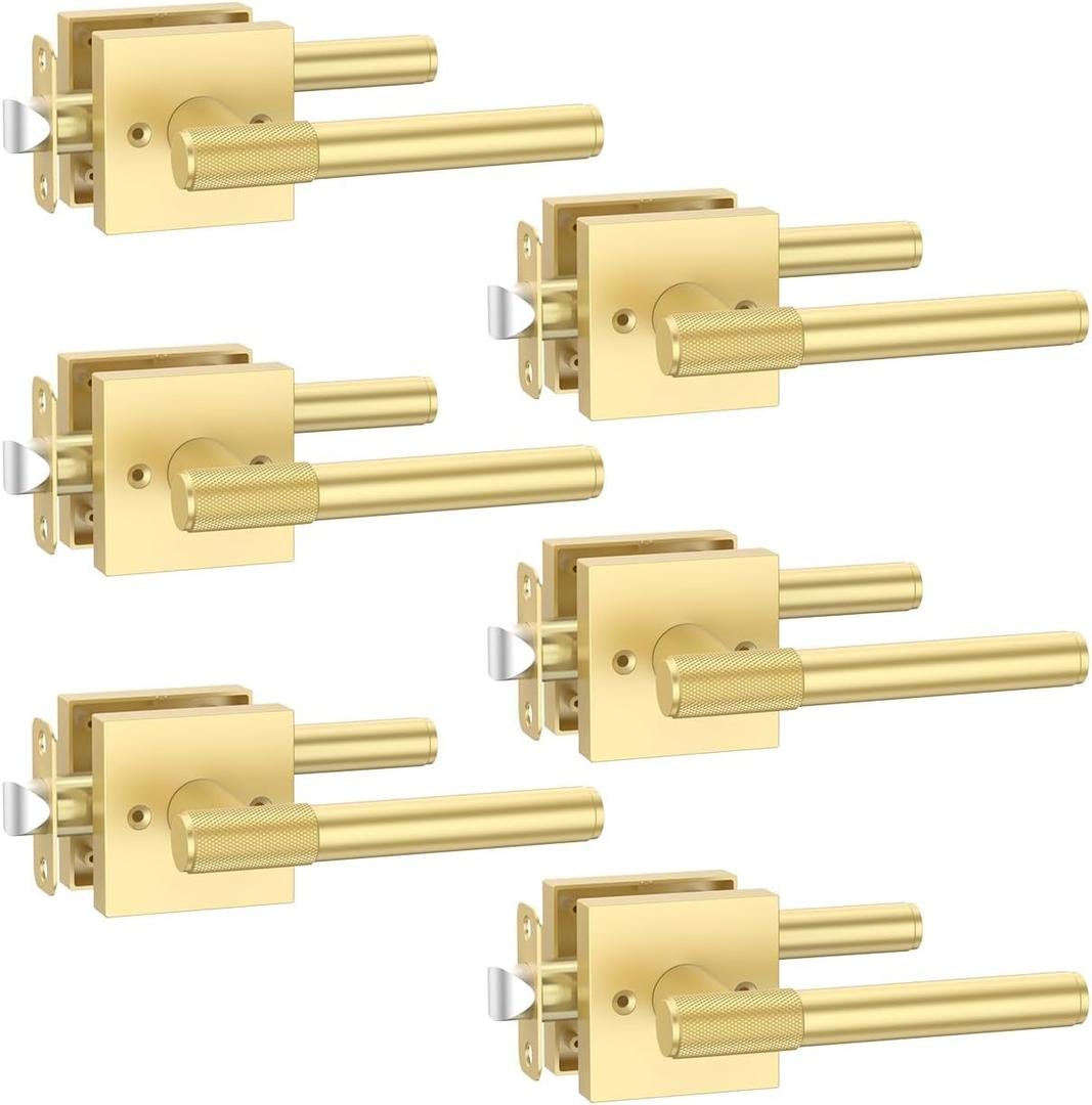 Asidrama 6 Pack Passage Gold Door Knob with Lock, Brushed Gold Door Handles Interior for Bedroom or Bathroom, Heavy Duty Door Lever with Reversible Interior Door Handle for Left Right Sided Doors