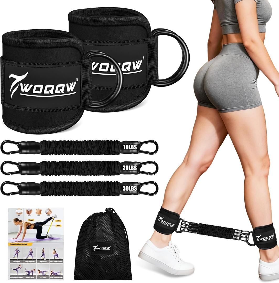 Ankle Resistance Bands with Cuffs, Leg and Glutes Workout Equipment, Resistance Bands with Ankle Straps for Cable Machine Kickbacks, Booty Workouts, Lower Body Exercises - Home Gym Exercise Equipment (Black)