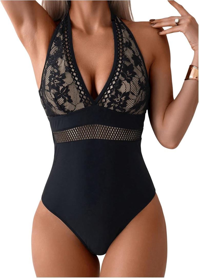 MakeMeChic Women's One Piece Swimsuit Floral Lace Halter Tie Back Beach Bathing Suit, (Medium, Black)