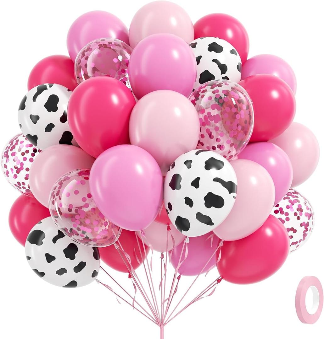 60pcs Cowgirl Balloons, Hot Pink Light Pink Confetti Cow Print Latex Balloons for Farm Cowgirl Bridal Shower Bachelorette Birthday Party Decorations