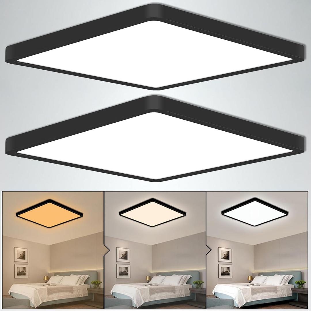 LED Ceiling Light 2 Pack, Color Temperature Switchable 36W Square Ceiling Mount Light Fixture (Black, 12 inches)