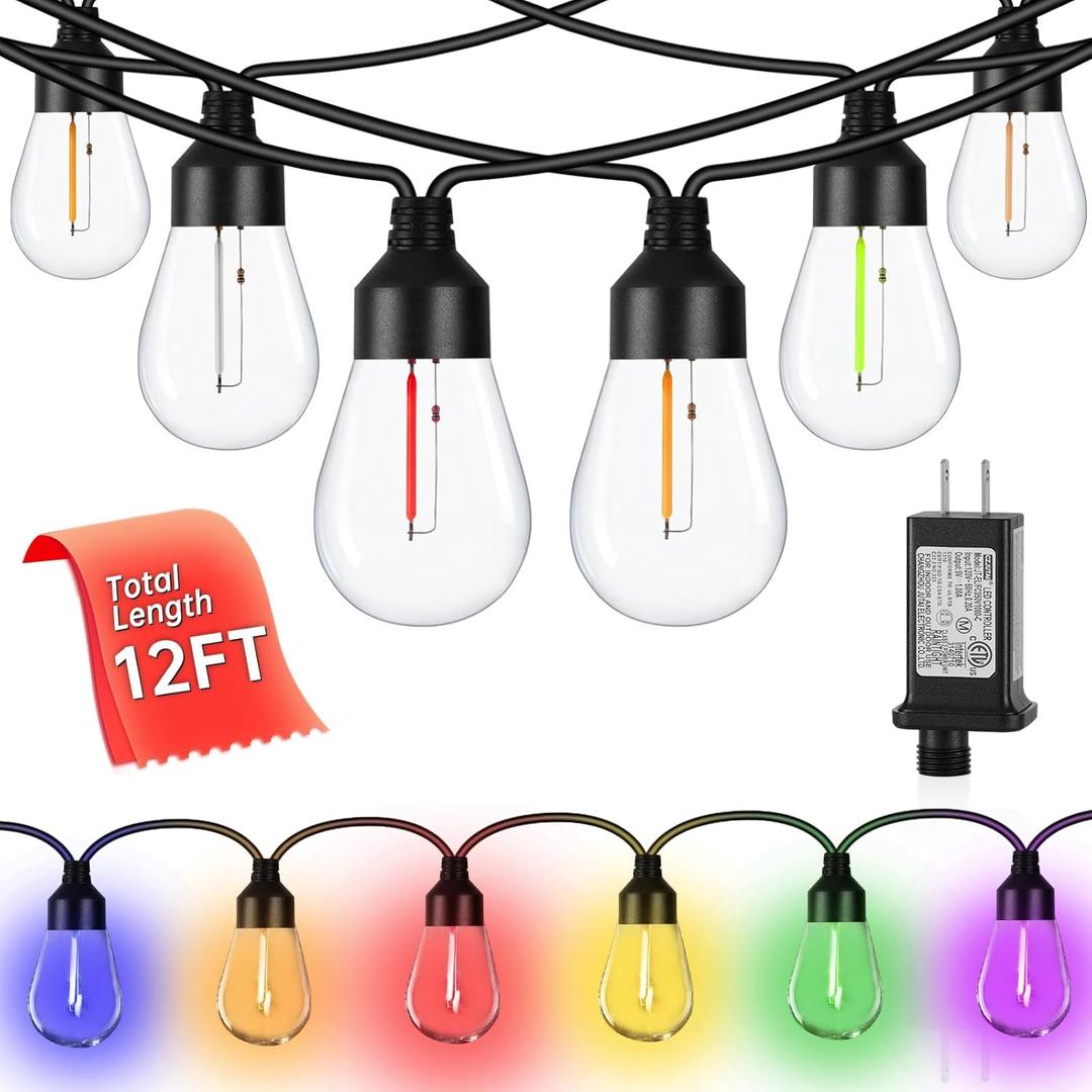 Waterproof and Drop-Proof S14, 6-Color Outdoor Light String dimmable and connectable, LED Retro ransparent Light Bulb, Suitable for Deck Gazebo Tavern Balcony