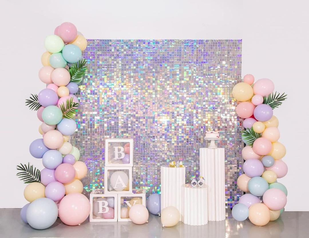 Shimmer Wall Backdrop Silver Iridescent 6FTx4FT Square Sequin Wall Panel Backdrop Decor for Wedding Anniversary Birthday Party, 24 Panels