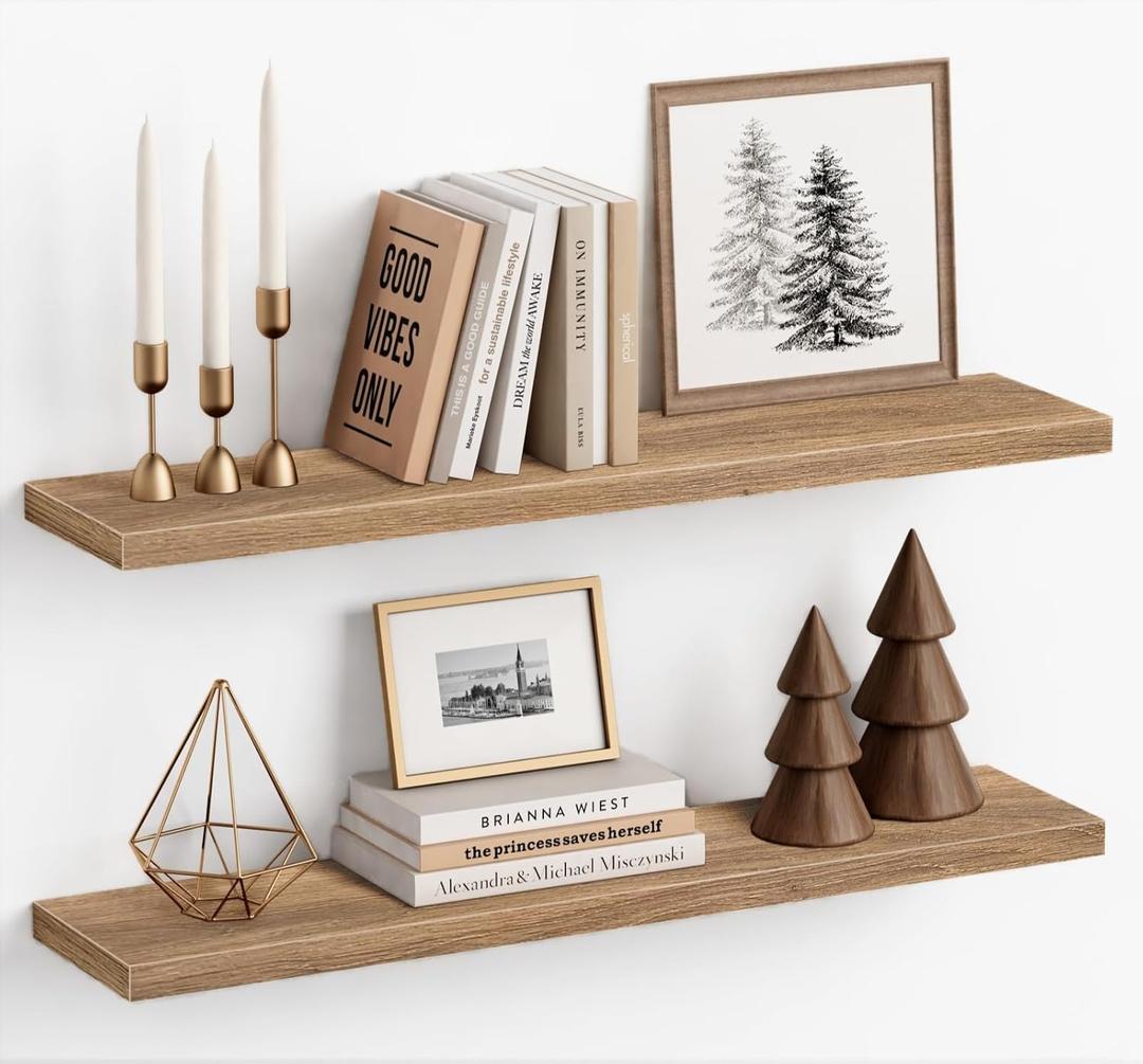 Harwaya Light Wood Floating Shelves for Wall 36 Inch x 8 Deep, Extra Large Wall Shelf for Bedroom Living Room Books, Long Hanging Shelves for Office Bookshelf Art Decor (Light Brown Color, Set of 2)