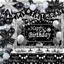 Black and Silver Birthday Decorations for Men Women Boys Girls, 85PCS White Black and Silver Party Decorations, Happy Birthday Backdrop Banner Tablecloth Confetti Star Balloons Arch Fringe Curtains
