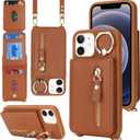 for iPhone 12 Mini Case with Card Holder for Women, for iPhone 12 Mini Phone Case Wallet with Strap Credit Card Slots Crossbody with Kickstand Zipper Case - Brown