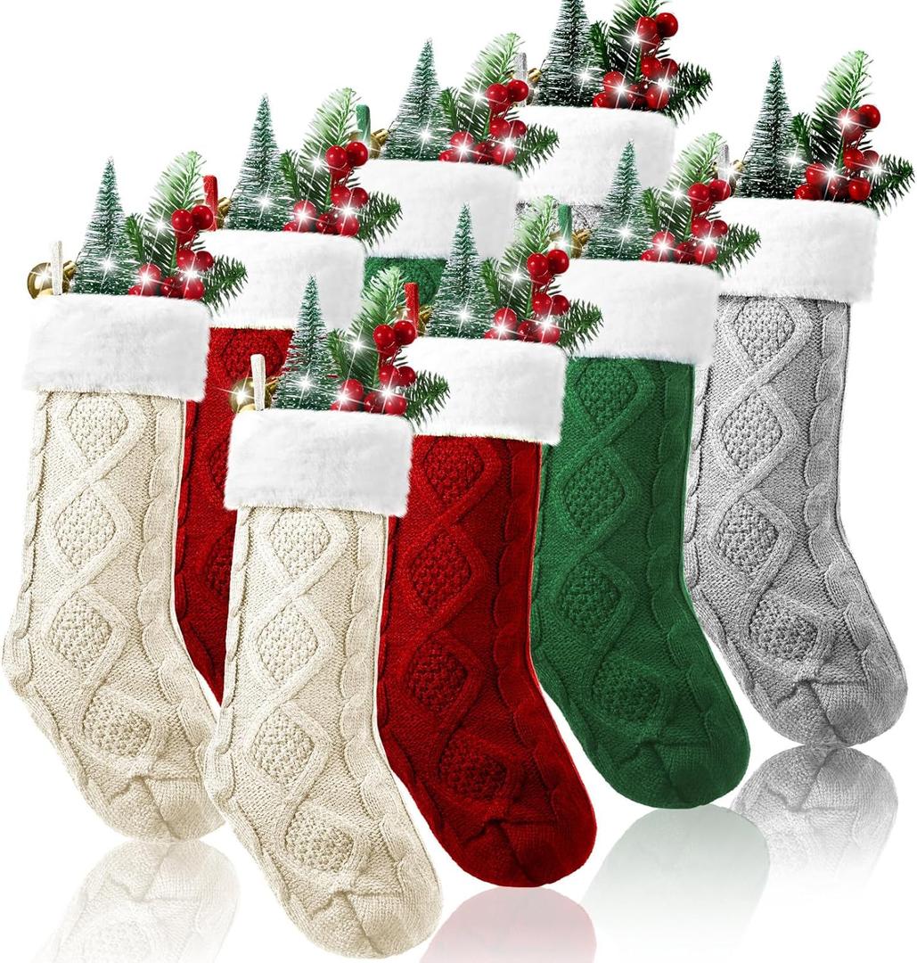 Shinymoon 8 Pack Christmas Stockings 18 Inches Large Knitted Stocking Double Sided Fireplace Hanging Stockings Holiday Party Decorations Xmas Tree, Green, Ivory, Gray, Wine Red