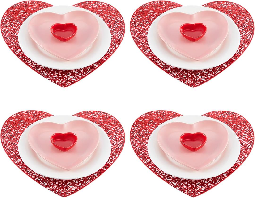 Jinei 8 Pcs Valentine's Day Tableware Set Include Large Pink Heart Ceramic Flat Plates White Dinner Ceramic Plates Red Heart Dish Bowls and Place Mats for Wedding Anniversary Party Decorations