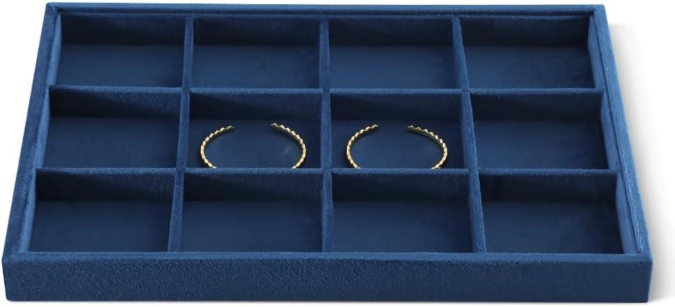 Velvet Stackable Jewelry Display Tray, 12 Grid Watch Bangle Bracelet Storage Tray, Makeup Drawer Insert Jewelry Shop Organizer Plate (Blue)