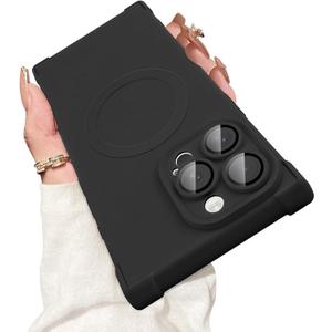 Magnetic for iPhone 15 Pro Case Rectangle, with Camera Lens Protector, Compatible with MagSafe, Shockproof Military-Grade Protection, Soft Silicone Cover for Women Men, Black