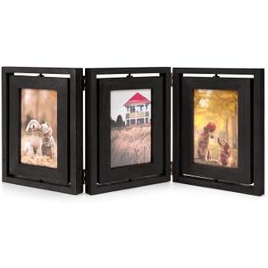 Emfogo 4x6 Picture Frame Rustic Wood Hinged Folding Triple Picture Frames Collage, DoubleSided Display Rotatable High Definition Glass Photo Frame for Home TableTop(Vintage Black)