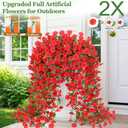 Yastouay Artificial Hanging Flowers for Outdoors, Fake Hanging Flowers for Decoration, UV Resistant Artificial Outdoor Plants, 2 Pcs Morning Glory for Outdoors Garden Patio Porch Yard Decoration, Red