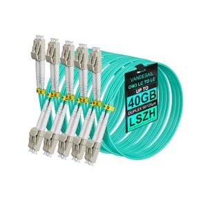 Fiber Patch Cable, 10G Gigabit Fiber Optic Cables with LC to LC Multimode OM3 Duplex 50/125 OFNP (5M, OM3-5Pack) (Aqua LSZH)