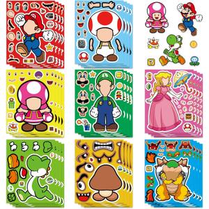 24 Sheets 5.8x4.4 DIY Make a Face Mario Stickers for Teens, Make Your Own Mixed & Matched with 8 Designed Characters(3 of Each) Sticker for Birthday Party Supplies Favors Class Reward (Mario)